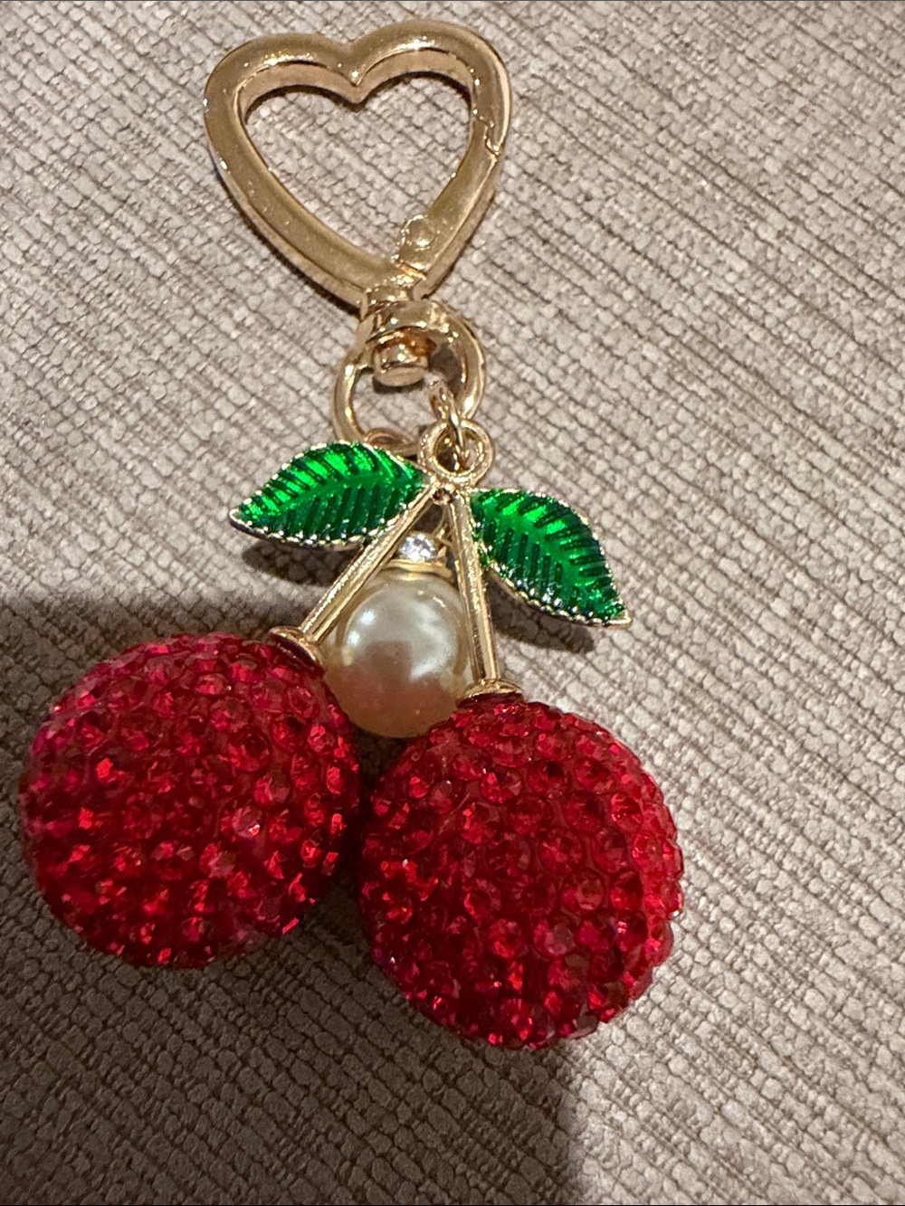 Gold-Tone Cherry Pendant with Red Crystal Balls and Green Leaves